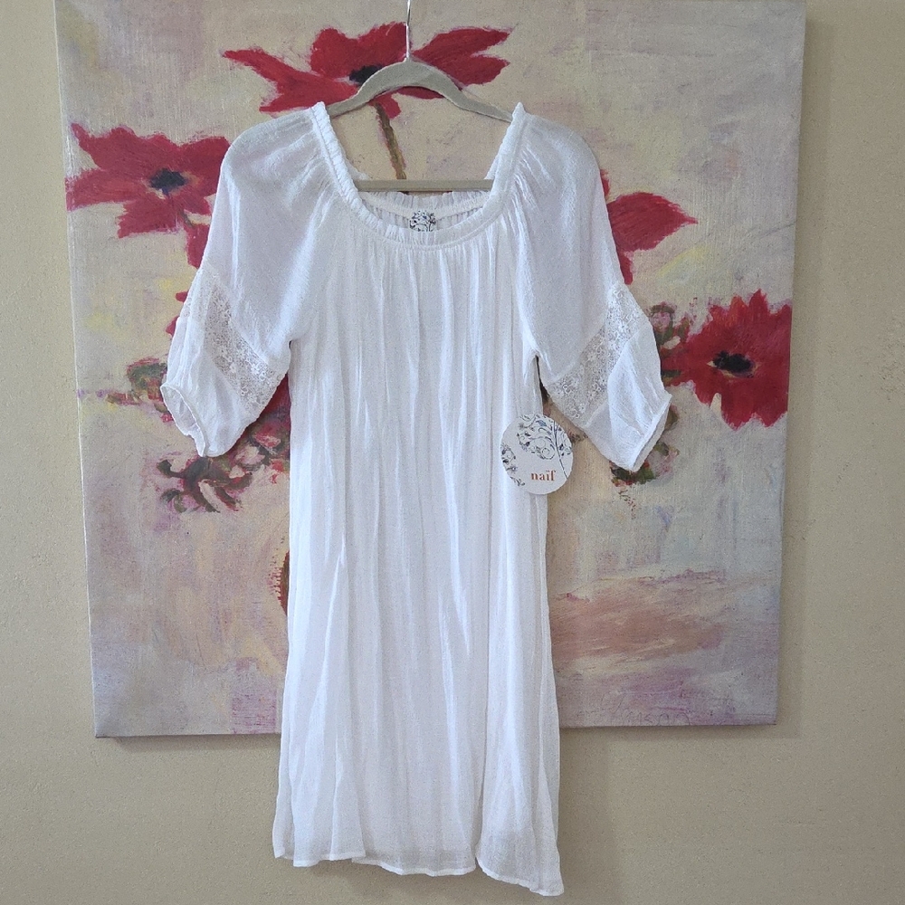 NAIF White Peasant Blouse with Subtle Blue Accents